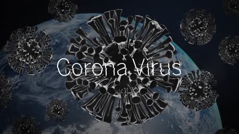 Coronavirus-text-and-multiple-covid-19-cells-floating-over-spinning-globe-against-black-background