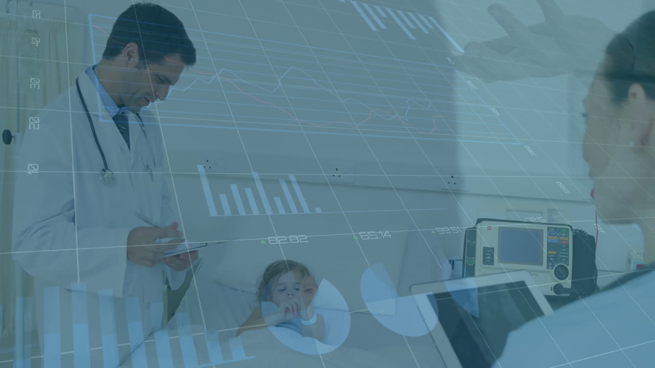 animación de múltiples gráficos con números cambiantes médico caucásico comprobando niña