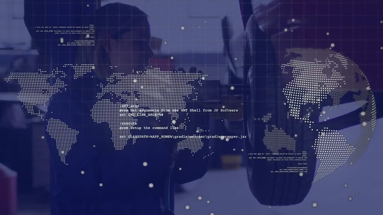 animación del globo, mapa del mundo y procesamiento de datos sobre mujer caucásica cambiando la rueda del coche