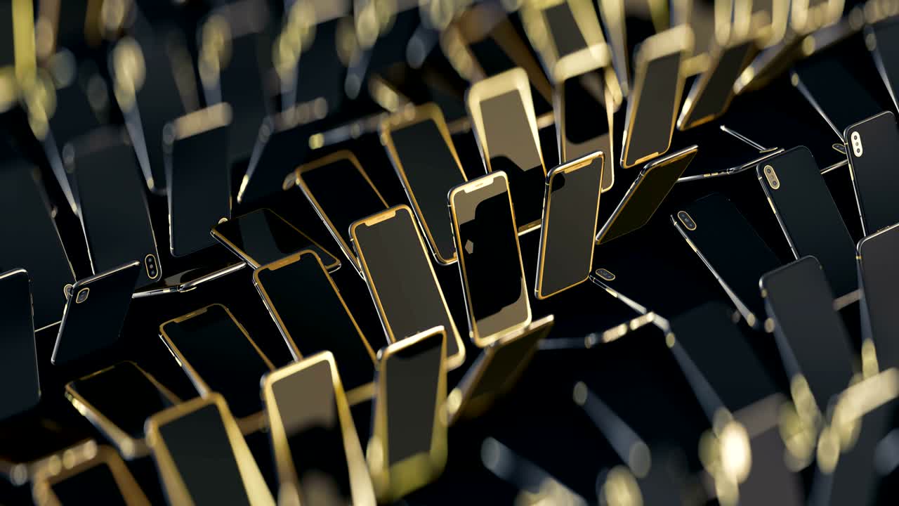 los teléfonos inteligentes con botones dorados se mueven y giran en filas, bokeh rico. bucle infinito. movimiento abstracto de teléfonos, imagen de fondo para venta con descuento. fondo de lujo caro. patrón dorado y negro.