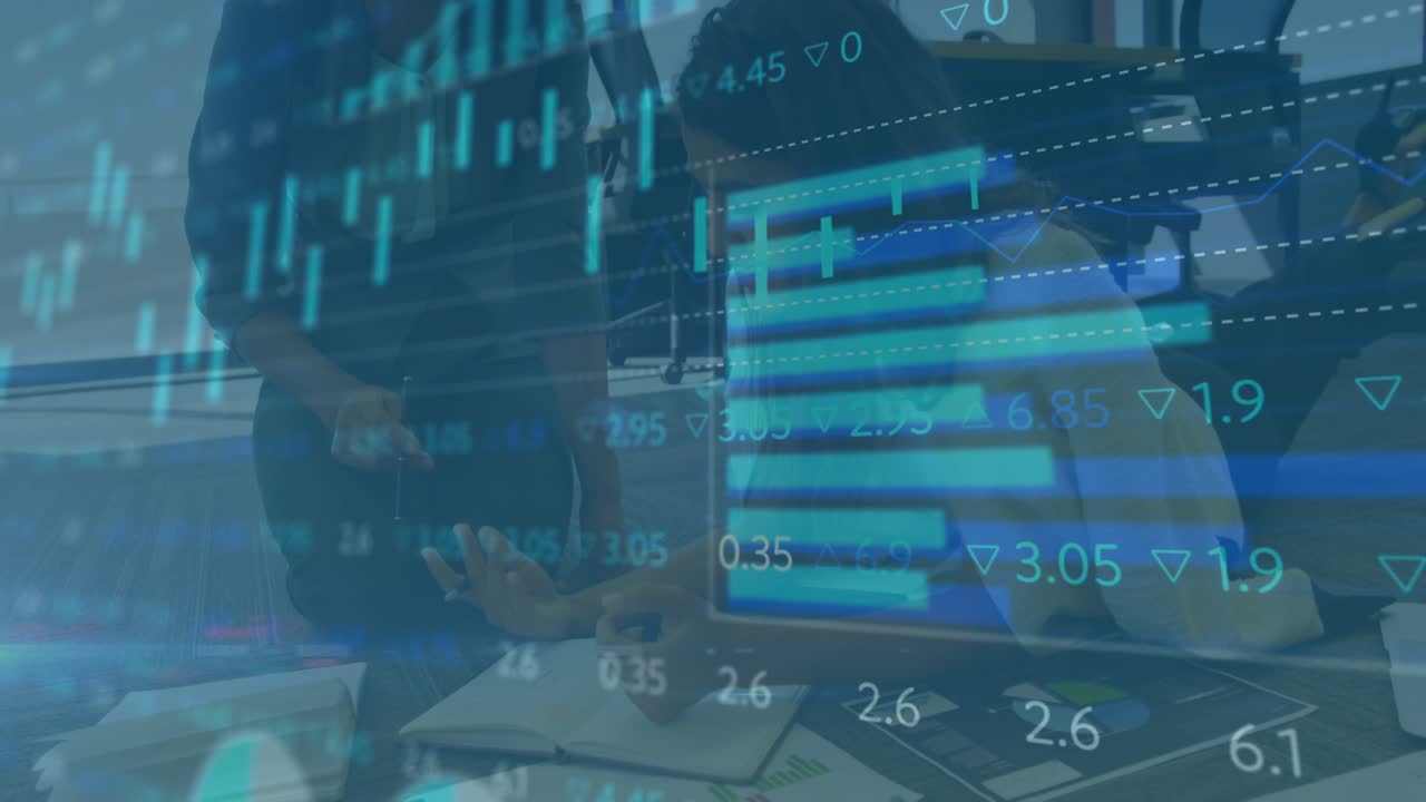 On finance charts scrolling up, manager pointing chart, analyst tracing trend confirming data