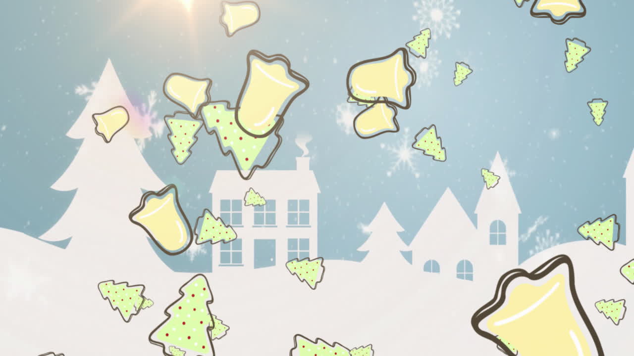 Animation of bells and christmas trees over winter landscape on blue background