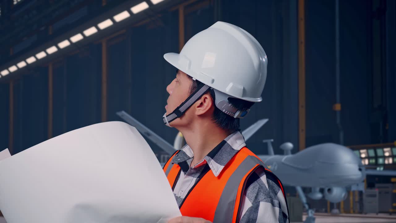 Vista laterale ravvicinata di un ingegnere asiatico con casco di sicurezza che, in piedi, esamina una planimetria tra le mani e si guarda intorno, con un moderno drone militare in un hangar di manutenzione con illuminazione industriale.