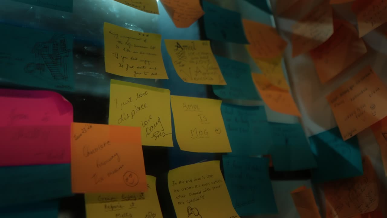 Close-up of Colorful Sticky Notes Adorning a Wall with Handwritten Messages