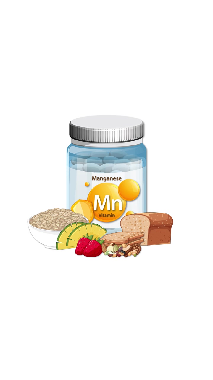 Manganese vitamin bottle appears with whole grains, bread, fruit, and nuts in clean vector style