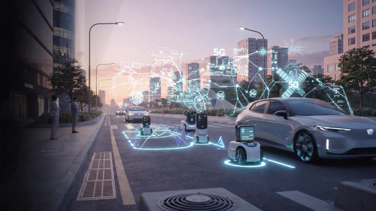 Futuristic Urban Scene Showcasing Autonomous Delivery Robots Navigating Streets with Advanced Technology Enhancements in a Modern City Atmosphere at Dusk