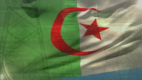 animation of financial data processing over flag of algeria