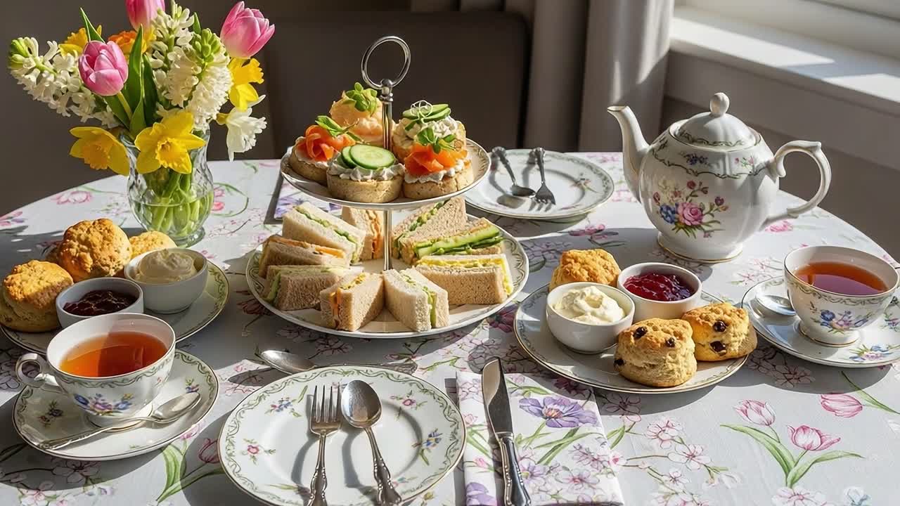 A Delightful Afternoon Tea Setting Featuring Freshly Made Sandwiches, Scones, and Exquisite Floral Arrangements with Tea Served in Elegant China