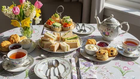 a delightful afternoon tea setting featuring freshly made sandwiches, scones, and exquisite floral arrangements with tea served in elegant china