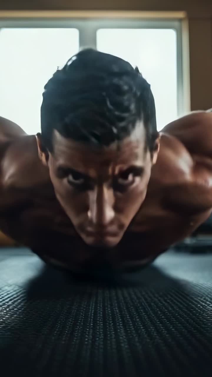 Vertical video: Starting from top, shirtless man performing push-ups on mat for strength