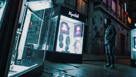 cyberpunk night city street scene with display cases