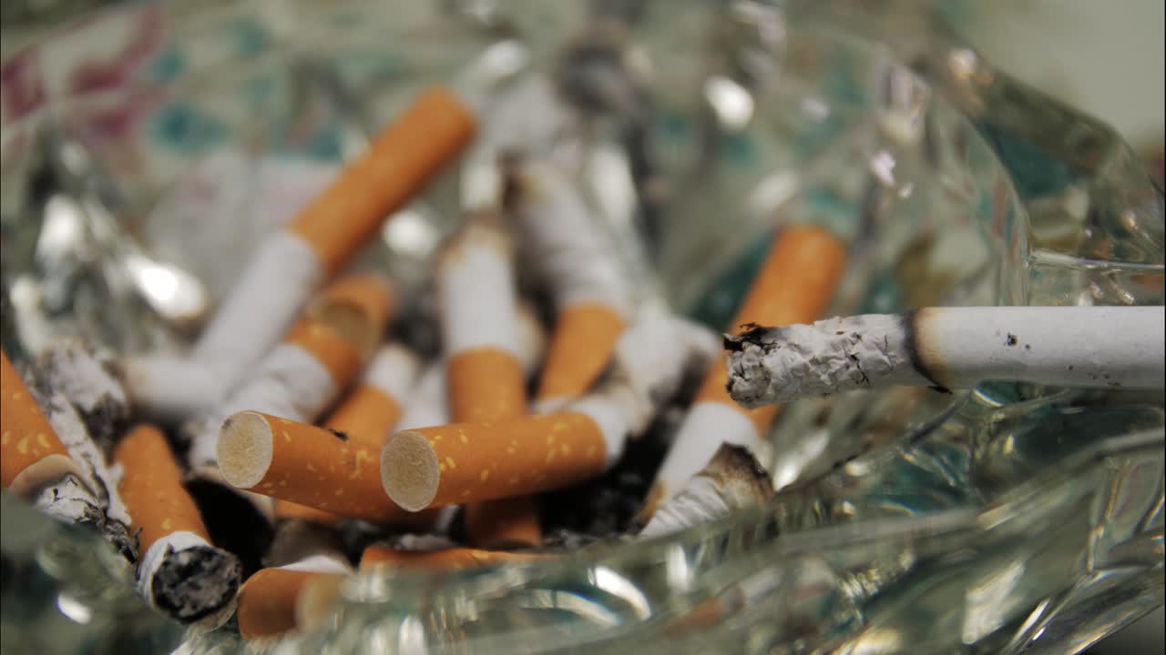 Quick timelapse of a single cigarette burning in an ashtray filled with old cigarette butts