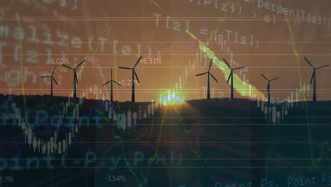 animation of graphs and computer language over silhouette windmills spinning on land at sunset