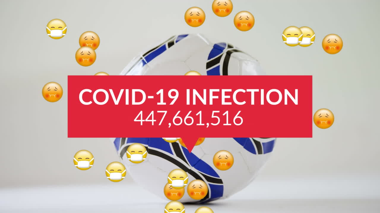 코로나 19 감염의 애니메이션 병에 걸린 이모지와 축구공이 떨어지는 텍스트