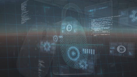 animación del procesamiento de datos y el candado de seguridad sobre fondo azul