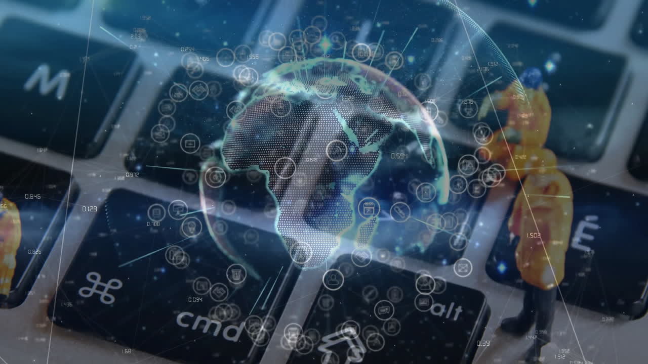 Featuring construction figurines on keyboard keys projecting holographic globe with network icons