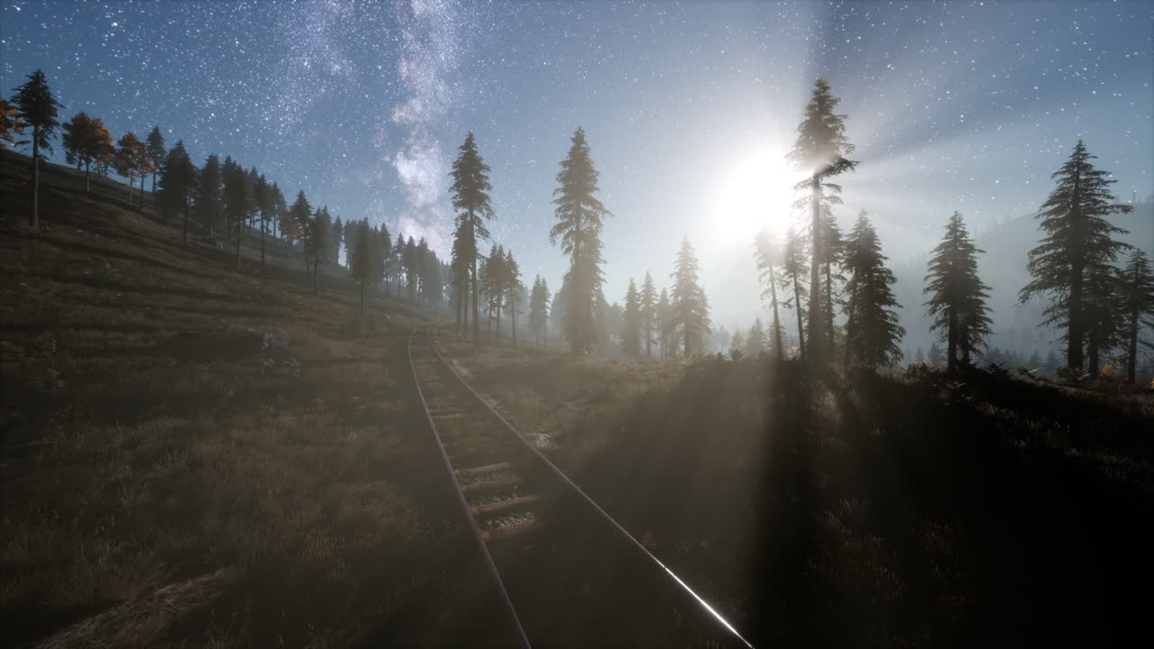 la vía láctea por encima del ferrocarril y el bosque