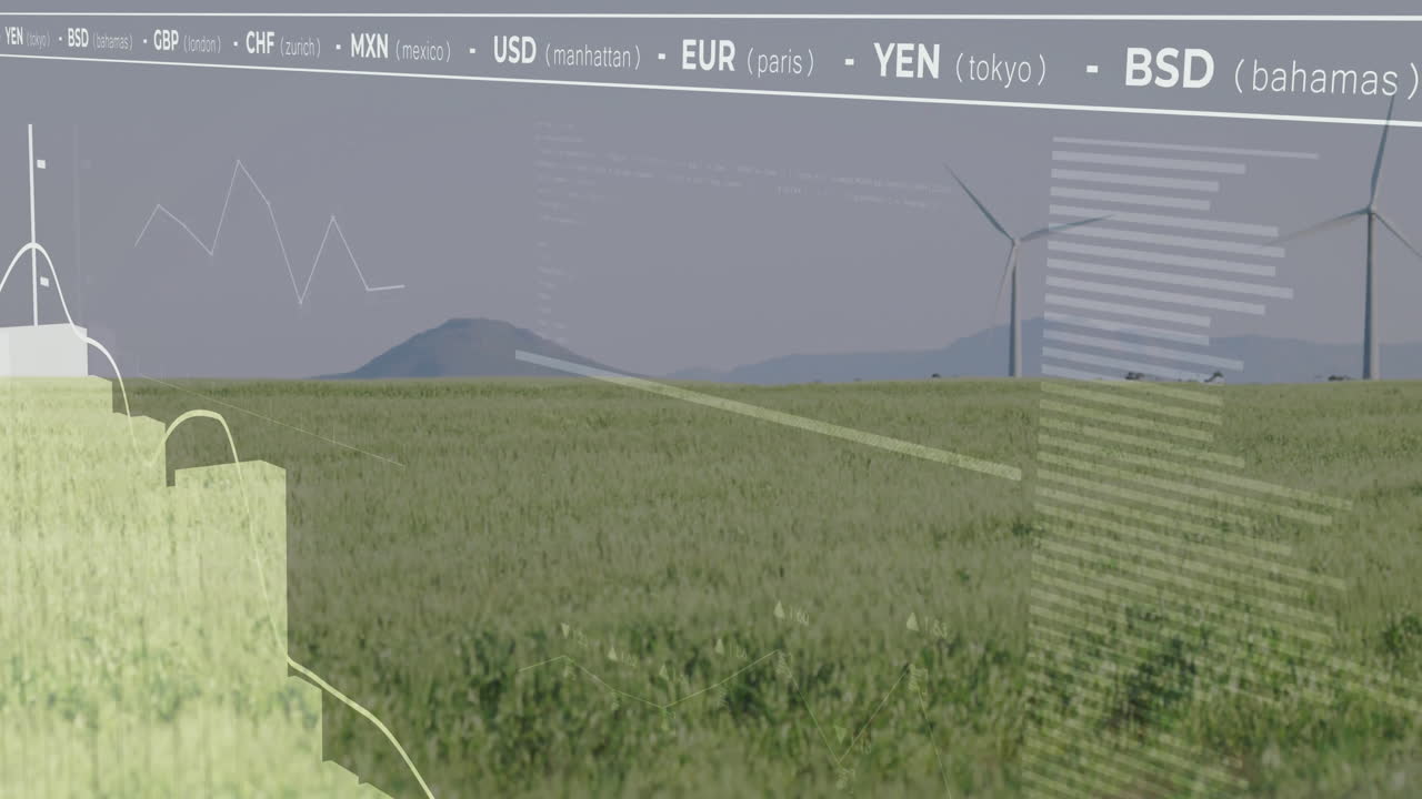 Wind turbines in field with currency exchange data overlay animation