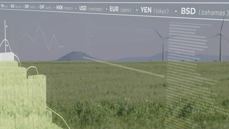 wind turbines in field with currency exchange data overlay animation