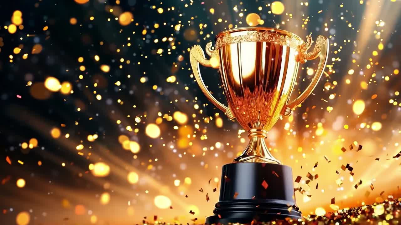 콘페티 어리 위 에 있는 황금 트로피