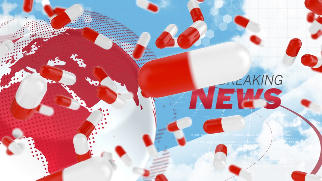 지구와 구름 위에 떨어지는 알약의 애니메이션