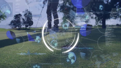 Golfer on course with digital data and technology overlay animation
