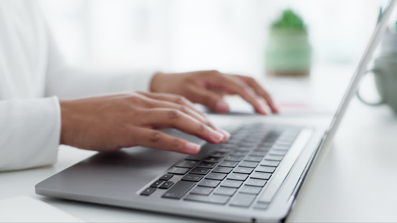 Hands, person typing and search on laptop