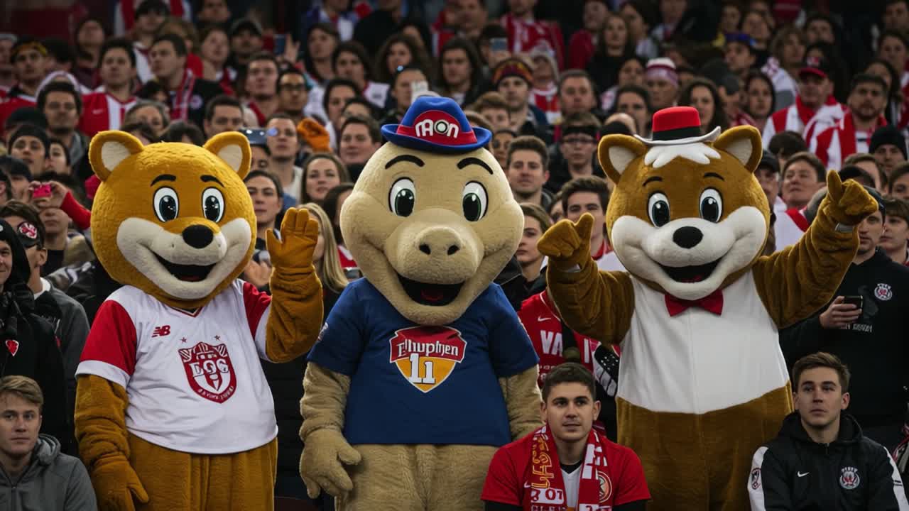 Cheerful mascots pose in front of a lively crowd, capturing the excitement and spirit of the event, showcasing their playful energy and vibrant costumes