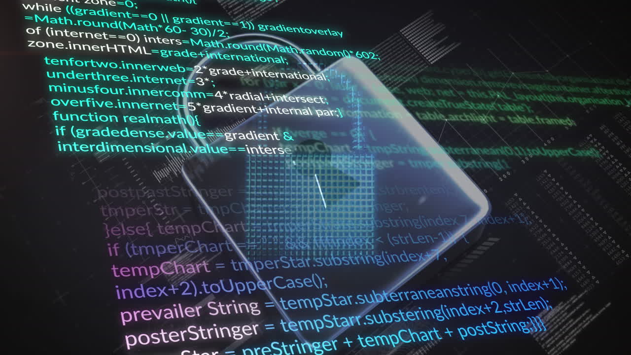 Animation of computer language and cloud over padlock and bars against black background
