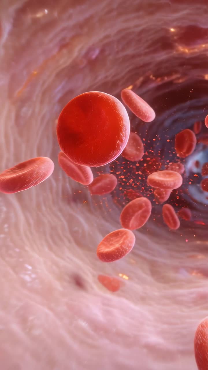 Vertical video: Camera pulling, drifting RBC cluster rotating in lumen, being carried by blood flow
