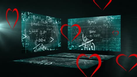 Animation-of-heart-icons-over-mathematical-equations-over-screens-on-black-background