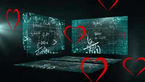 animation of heart icons over mathematical equations over screens on black background