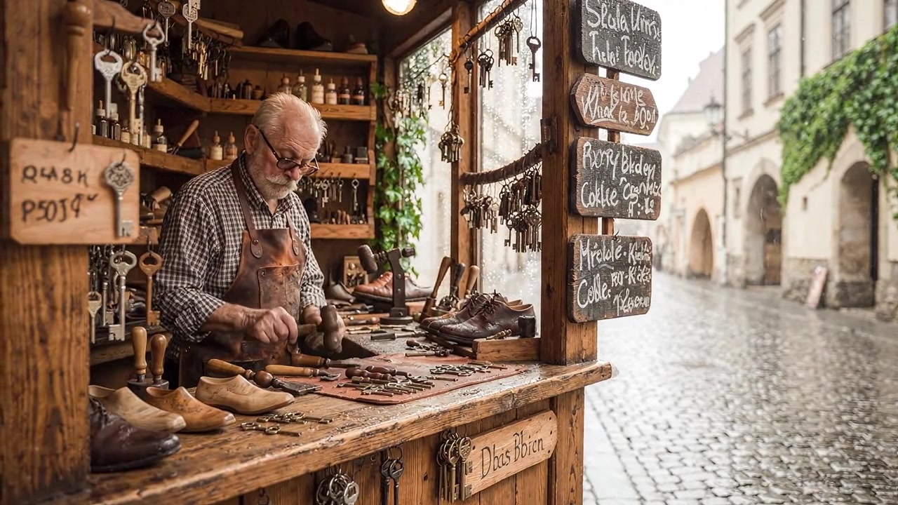 Un artisan travaille à un stand de réparation de chaussures en plein air, entouré d'outils, d'articles en cuir et d'une rue pavée historique dans un cadre urbain pluvieux.