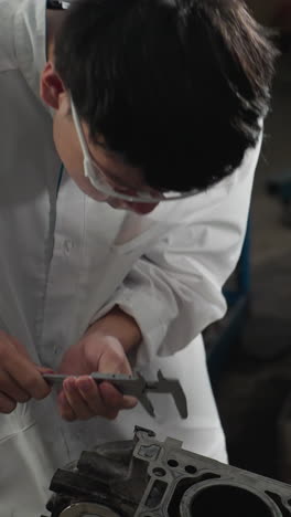 vista aérea de un estudiante en un taller automotriz que utiliza una pinza de vernier para medir un componente del motor mientras muestra el registro de medición a un colega