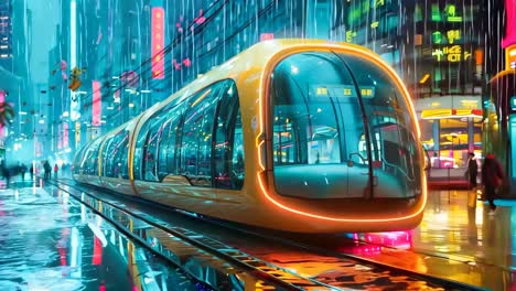 un tren futurista viajando por una ciudad por la noche