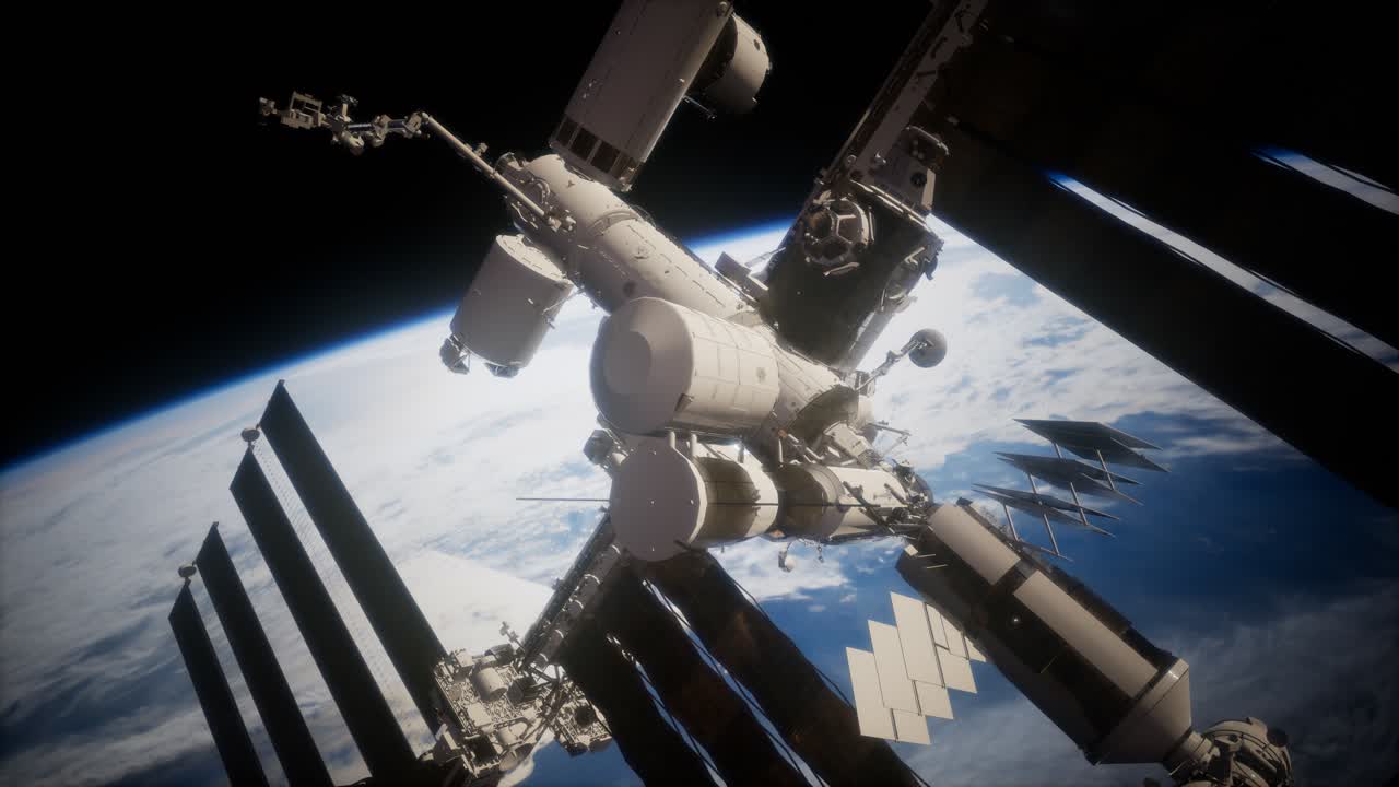 una vista de la tierra y una nave espacial. iss está orbitando la tierra
