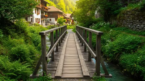 serene wooden bridge over a tranquil stream surrounded by verdant foliage and charming village homes in a picturesque landscape