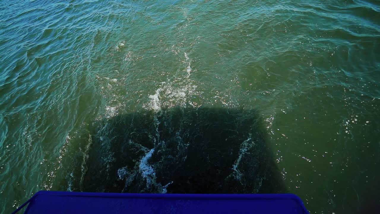 Rear view of motor speed boat at high speed