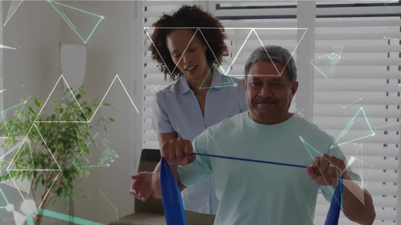 animación de formas sobre diversos médicos y pacientes haciendo ejercicio