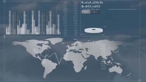 animación del mapa del mundo y procesamiento de datos sobre el cielo con nubes