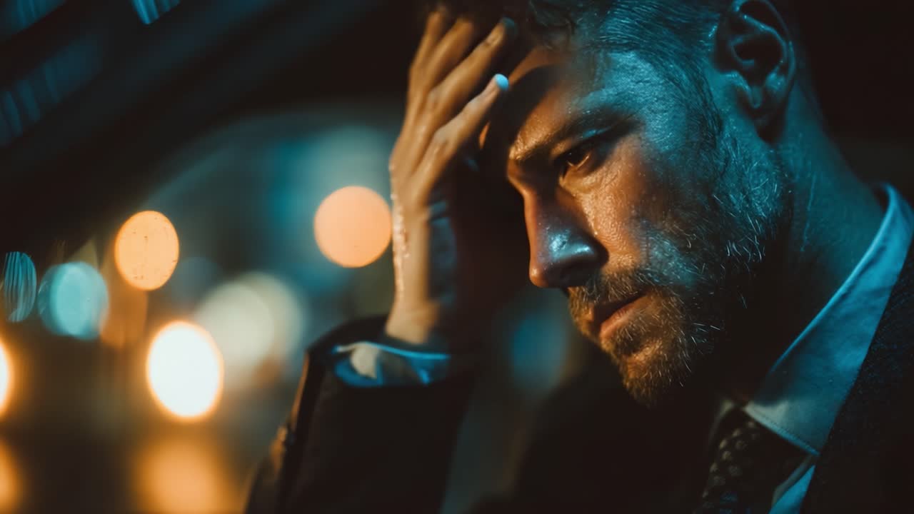 A contemplative man in a car experiences a range of emotions, from despair to determination, reflecting on life’s challenges and uncertainties under a moody urban backdrop
