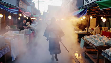 japanese street market with samurai and food stalls