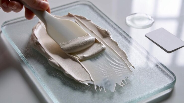 Pouring cream hand knit-sleeve spreading swatch on frosted plate on table with white tool for demo