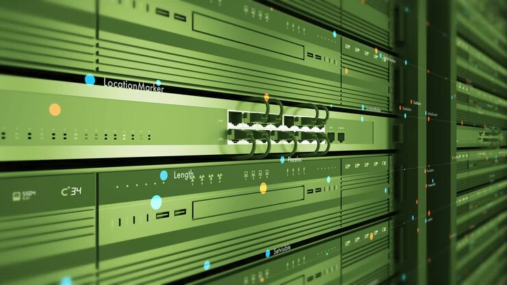 Close Up Modern Server In a Data Center. Futuristic Seamless Loop.
