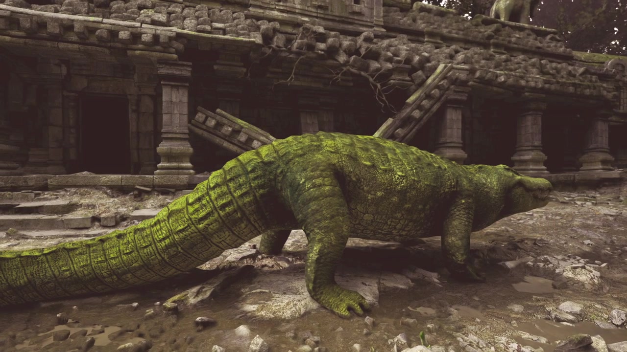 Pátio de templo coberto de vegetação com sentinela de crocodilo musgoso.