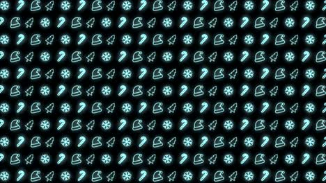 Neon-Christmas-Pattern-Background-of-Christmas-Tree,-Snowflake,-Santa-Hat-and-Candy-Cane-in-Cyan-and-Black-Looping-animation