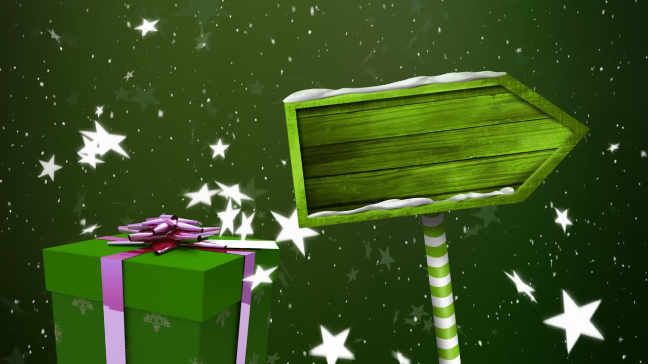 nieve cayendo y cartel de madera