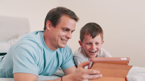 father, child and boy with tablet in bedroom