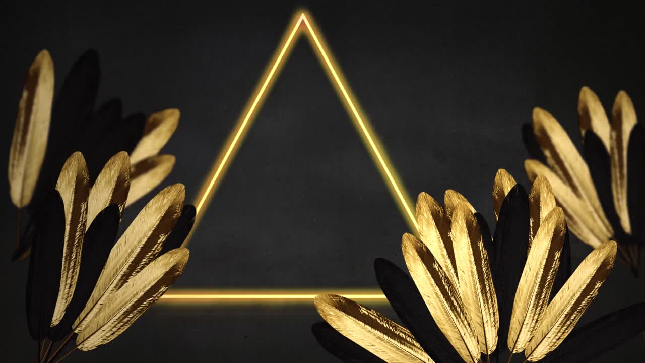 회색 배경의 잎 위에 복사 공간과 네온 삼각형의 애니메이션