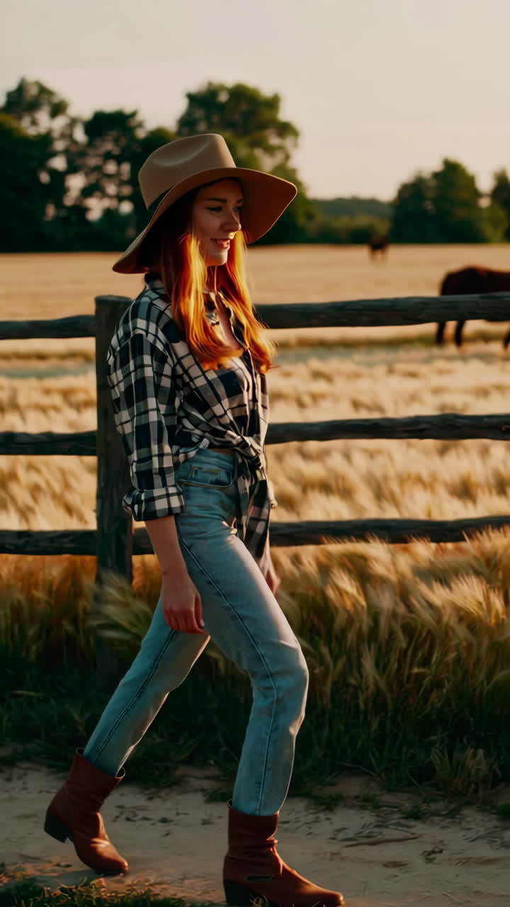 Woman in Cowboy Hat and Plaid Shirt Walking in a Rural Field at Golden Hour
